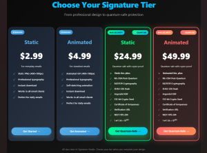 Pricing comparison showing four Smart Banner Hub email signature tiers: Static ($2.99), Animated ($4.99), Static Max Security with Quantum ($24.99), and Animated Max Security with Quantum ($49.99). The quantum-safe tiers highlight ML-DSA post-quantum cryp