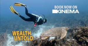 scuba diver swimming next to a turtle, with film title and Kinema logo superimposed on image.