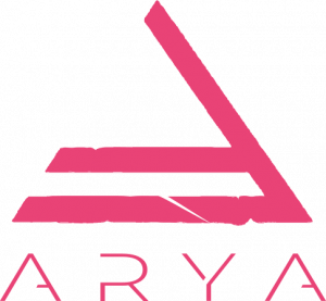 Logo for ARYA, a deep-tech company, featuring a stylized angular ‘A’ made of three bold pink geometric bars above the word ‘ARYA’ in clean, modern pink lettering on a white background