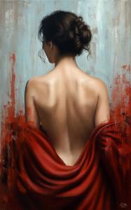 Impressions No.30 by Ivan Pili, 2025. A female figure seen from behind, wrapped in red fabric against soft abstraction — the final Impressions piece that anticipates the TRANSITIONS movement.