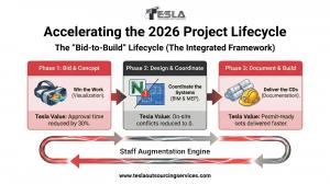 Diagram illustrating the Tesla Outsourcing Services "Integrated Framework" to accelerate the 2026 Project Lifecycle. The process moves from Phase 1: Bid & Concept (using VR for Visualization to reduce approval time by 30%), to Phase 2: Design & Coordinate