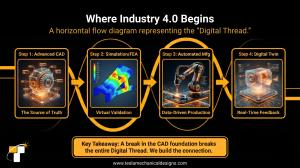 Flow diagram titled "Where Industry 4.0 Begins." It shows CAD as the source of truth, flowing to Simulation, Automated Manufacturing, and the final Digital Twin.