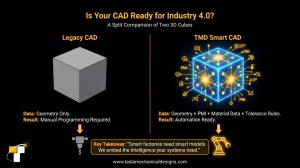 Comparison graphic of two cubes. The Legacy CAD cube is gray and labeled "Geometry Only." The TMD Smart CAD cube is blue and glowing, labeled "Geometry + PMI + Data," and is "Automation Ready."