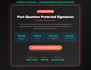 Screenshot of Smart Banner Hub's Post-Quantum Protected Signatures landing page showing the Clustrolin logo, Maximum Security badge, and four cryptographic algorithm boxes (ML-DSA, Ed25519, SHA3-256, Argon2id) with a coral Create Quantum-Resistant Signatu