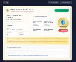 Screenshot of Smart Banner Hub's Certificate of Uniqueness page showing Verified Unique badge, signature owner Jennifer Lee, creation date December 01 2025, Clustrolin technology, cryptographic protection details with Ed25519 and ML-DSA fingerprints, Max