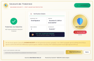 Screenshot of Smart Banner Hub's Signature Verified page showing Authentic badge, green checkmark with Verified Authentic label, NIST-Approved Quantum-Resistant Protection text, verification details including Email Signature type, December 01 2025 creatio