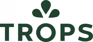 Trops Logo with green Trops font and mulberry icon