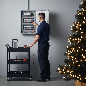 Electrician inspecting circuit panel near a decorated Christmas tree.