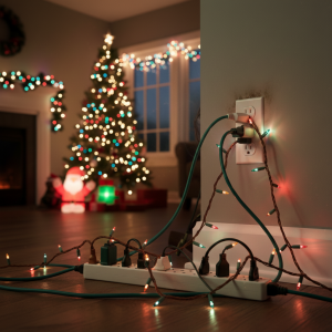 Overloaded Christmas lights and power strip creating a holiday fire hazard.