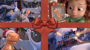 The image is wrapped like a Christmas present, showing the child Lei, her Christmas Tree ornament friends, and her train.