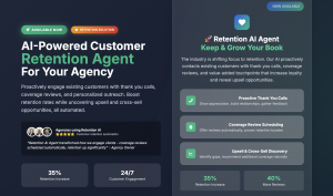 Infographic for SUPERAGENT AI's Retention AI Agent featuring the slogan 'Keep & Grow Your Book.' It details three core automated features: Proactive Thank You Calls, Coverage Review Scheduling, and Upsell & Cross-Sell Discovery. Statistics highlight a 35%