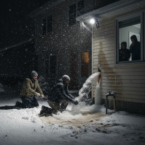 People trying to stop water gushing from a burst pipe outside a house in heavy snow.