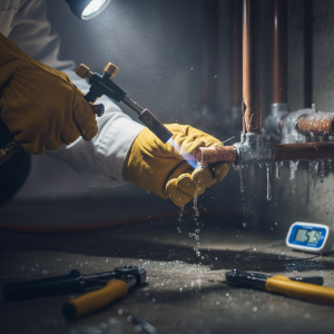 Plumber repairing a leaking frozen pipe with a torch in a cold basement.