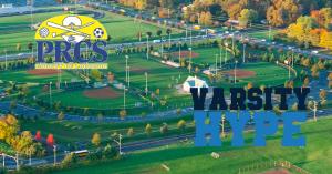 Aerial photo of multiple baseball and softball fields at a Loudoun County sports complex, overlaid with the PRCS County of Loudoun logo and the Varsity Hype branding.