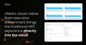 Screenshot of Lifebit's cloud-native Bash execution interface showing CPU and memory monitoring and analysis configuration