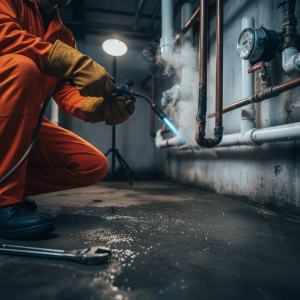 Plumber using torch to repair leaking copper pipe in utility room.