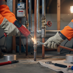 Plumbers heating and tightening copper pipe fittings during repair.