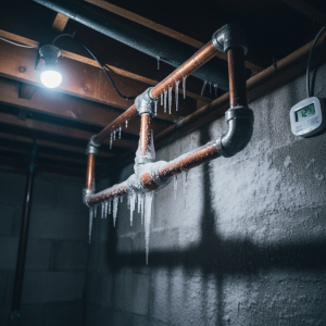 Frozen basement pipes covered in ice and icicles during extreme cold.