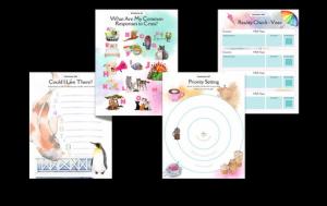 Four images of workbook pages in front of a black backdrop.