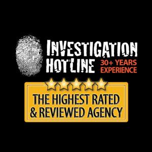 Investigation Hotline logo with fingerprint graphic and text "30+ Years Experience" alongside a gold badge stating "The Highest Rated & Reviewed Agency" with five stars