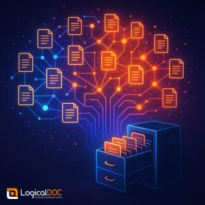 A vibrant network of interconnected documents and data points, glowing with intelligence, transforming a traditional filing cabinet into a dynamic brain-like structure, digital art, concept illustration