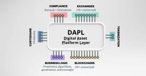 Diagram of Arrel’s DAPL system with labeled components for custody, compliance, liquidity venues, and blockchains.