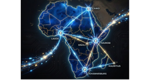Night view of Africa from space with illuminated cities and visible cross-border network routes.