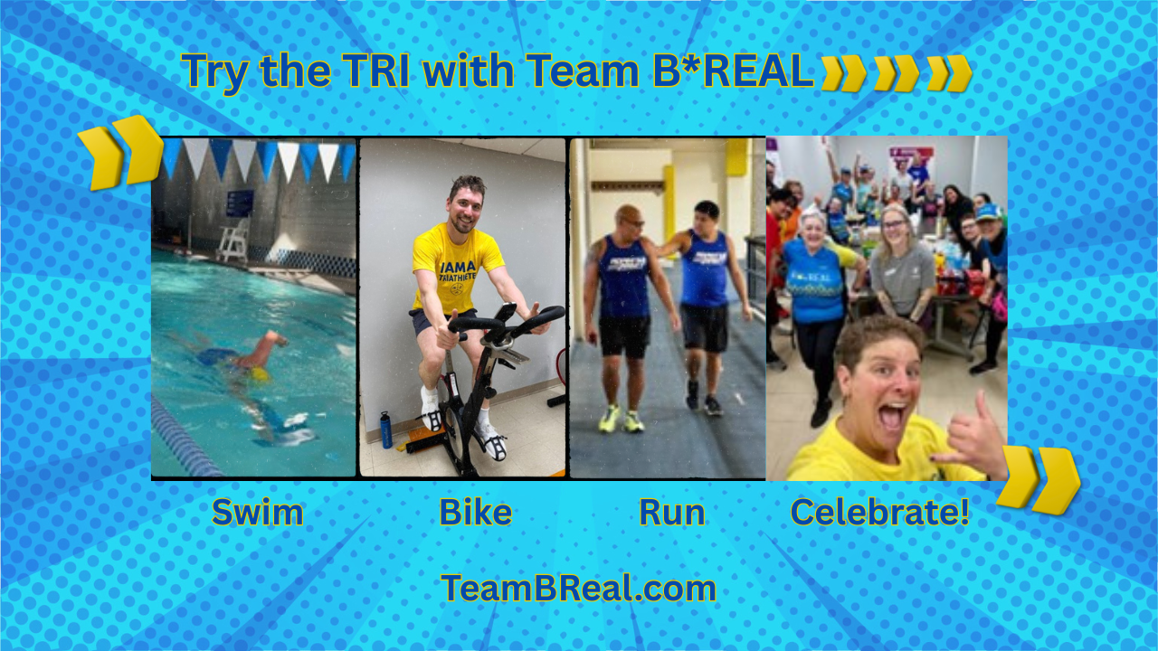 swim bike run celebrate on blue background showing all the parts of atriathlon