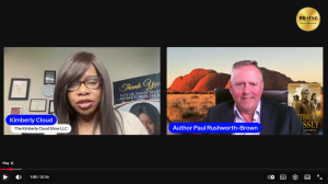 Split-screen interview showing US host Kimberly Cloud and Australian author Paul Rushworth-Brown discussing Outback Odyssey for a national American audience.