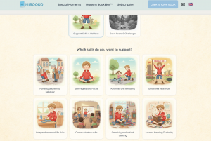 MIBOOKO interface showing skill categories such as kindness, emotional resilience, communication, and creativity, which guide personalization of a child’s storybook.
