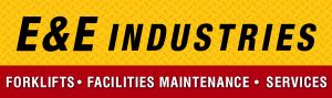 Black text on a yellow horizontal field says "E&E Industries" with a red bar at the bottom with the words, "forklifts, facilities maintenance, services"