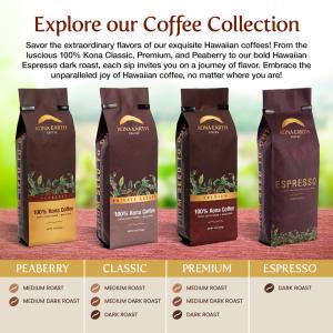 4 Kona Earth coffee bags lined up side by side