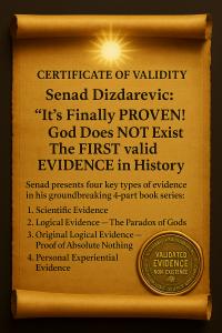 Gold scroll certificate showing Senad Dizdarevic book title God Does NOT Exist with four evidence types listed and validation seal.