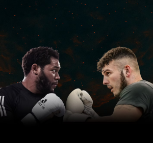 Promotional artwork showing Michael “Bounty” Hunter and Eli Frankham facing off for their heavyweight boxing event on Friday 5 December, with StagePlayer+ listed as the worldwide streaming platform.