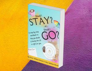 Stay or Go Workbook cover with watercolor collage style images of coffee, bulseye organization charts