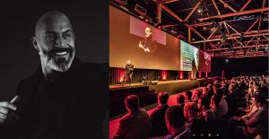 Igor Beuker wearing a headset microphone speaks on stage at a large conference. One side of the image shows a close-up portrait of him smiling, while the other shows him presenting in front of a packed audience with his image projected on a giant screen.