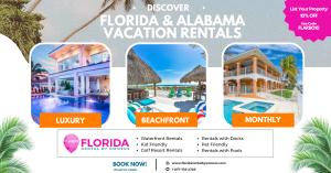 green palm trees over a sandy beach with vibrant beachfront luxury florida and alabama vacation rentals with pools for florida rental by owners