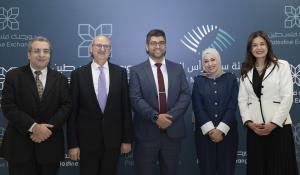 Group photo at the launch of the Palestine Exchange’s fully integrated electronic systems, showing (right to left) Rula Shunnar, Yasmeen Amarneh, Yazan Arafat, Nihad Kamal, and Wafa Arafat.