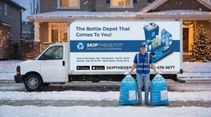 A SkipTheDepot driver from Alberta’s top rated pickup app collects holiday bottle donations outside a snow covered home.