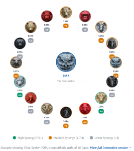 Chart from SportPersonalities.com showing a detailed interaction analysis between two specific athlete personality types, displaying synergy scores, communication tips, and potential conflict triggers.