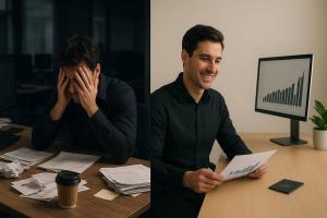 A split-screen concept image showing the transformation from founder burnout to founder liberation. On the left, a founder is overwhelmed by operational chaos. On the right, the same founder is calm and focused, with strategic clarity.