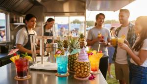 TikiCup serving pineapple cup cocktails and ice cream floats from a food truck at a fair.