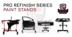 Lineup of Goliath Carts Pro ReFinish Series paint stands holding a fender, door, bumper, and hood against a white background with Goliath logo.