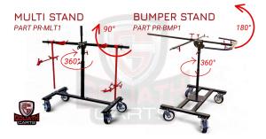 Goliath Carts Pro ReFinish Multi Stand and Bumper Stand showing 360 degree rotation and 90–180 degree pivot arrows for collision repair panels.