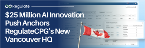 Visual announcing RegulateCPG’s Vancouver headquarters featuring the Canadian flag and the company’s compliance software.