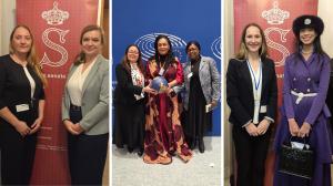 Left: ALLATRA participants; Center, left to right:  Dr. Aicha Bacha, H.E. Carole Kiatazabu Itambo; Right: ALLATRA participants with Princesse Rani Vanouska T. Modely