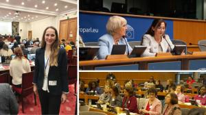 Right: Dominique Deshayes, Markéta Vácková, and summit participants at the European Parliament; Left: ALLATRA volunteer at the Belgian Senate
