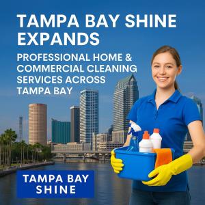 A professional cleaning company graphic featuring the Tampa Bay skyline, the Tampa Bay Shine brand name, and a clean, modern design symbolizing residential and commercial cleaning services expanding across the Tampa Bay region.