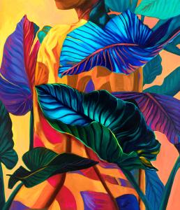 A vibrant, abstract painting featuring a partial figure surrounded by large, richly colored tropical leaves. The figure’s face is not shown; only the shoulders and torso are visible, painted in warm tones of gold, orange, and red. Oversized leaves in bold