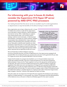Front page of a report titled: For inferencing with your in-house AI chatbot, consider the Supermicro Hyper DP H14 server powered by AMD EPYC 9965 processors